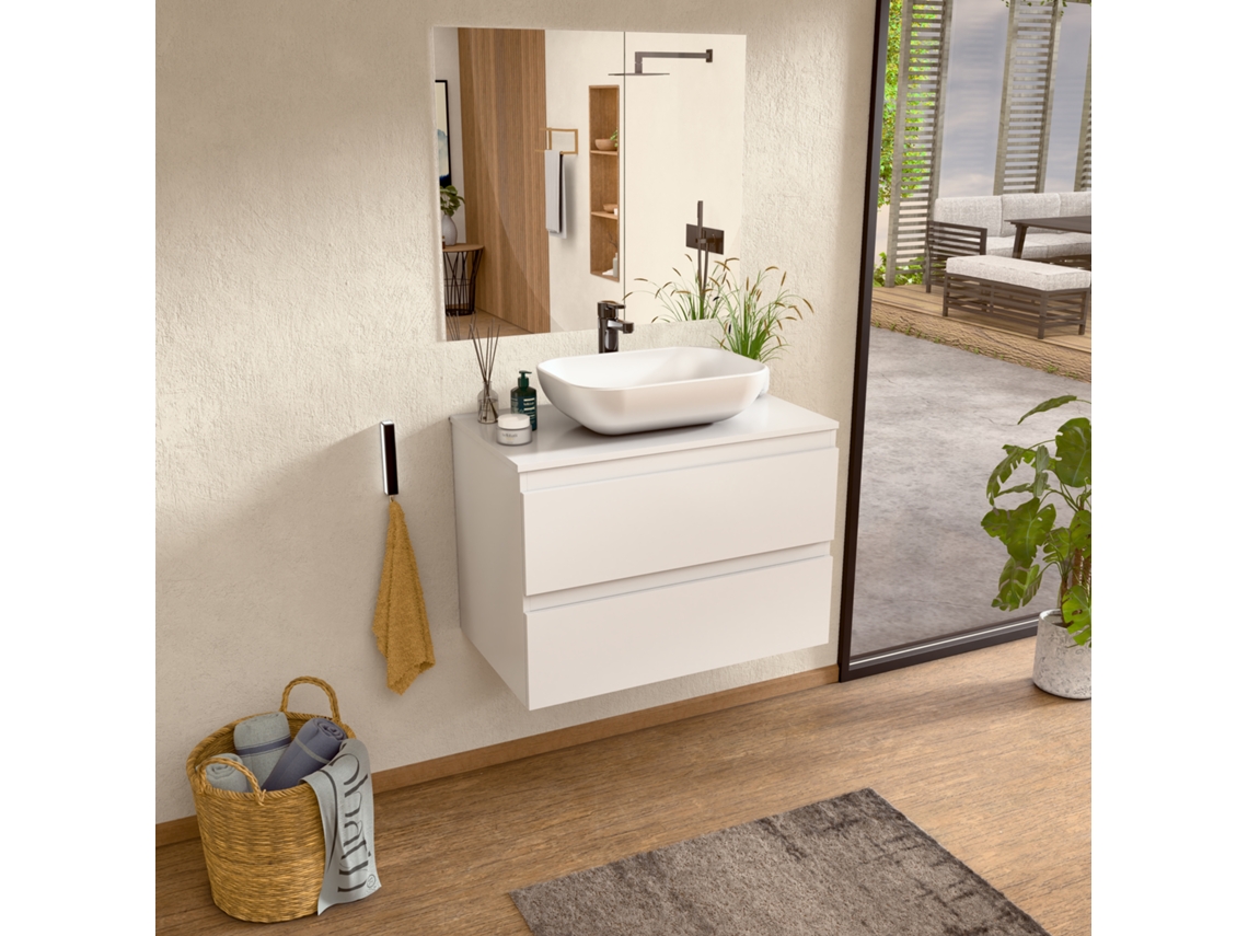 Mueble de lavabo con lavabo de cerámica y espejo, mueble de lavabo con 2 cajones, 60 x 55 x 46 cm, mueble de lavabo y encimera Bellobath color blanco.