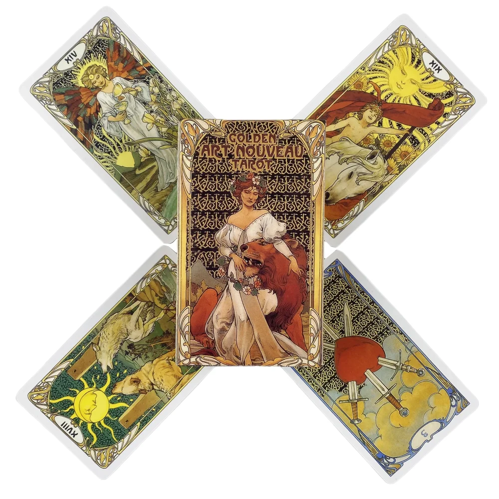 Baralho De Tarô Em Estilo Art Nouveau Dourado, Com 78 Cartas No Total.