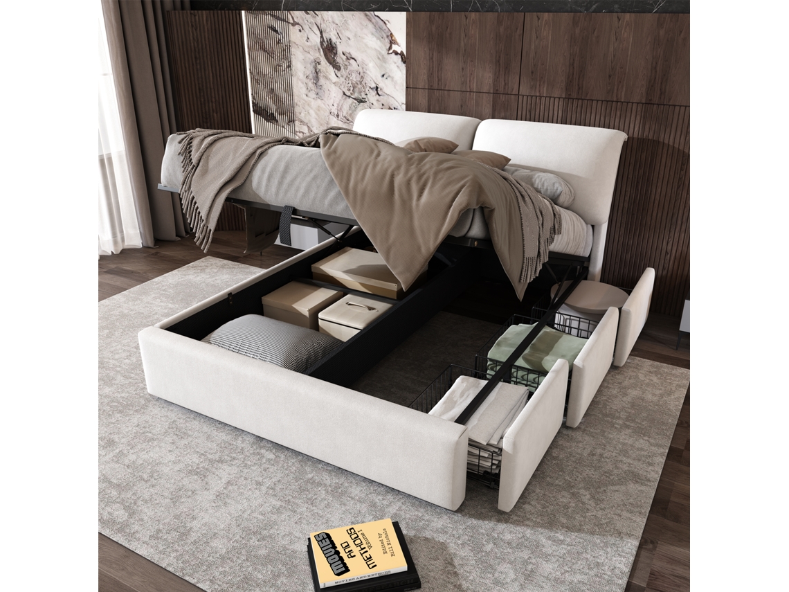 Cama De Terciopelo Beige De 140x200 Cm, 3 Cajones, Cabecero Hidráulico Y Somier De Láminas.