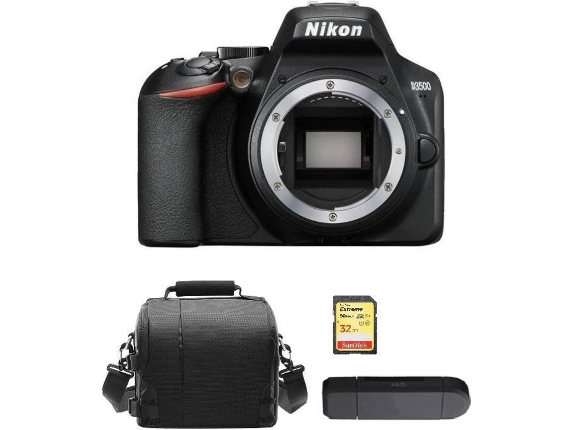 Kit Cámara Réflex NIKON D3500 Corpo Negro + Tarjeta SD de 32GB + Funda para cámara + Lector de Tarjeta de memória