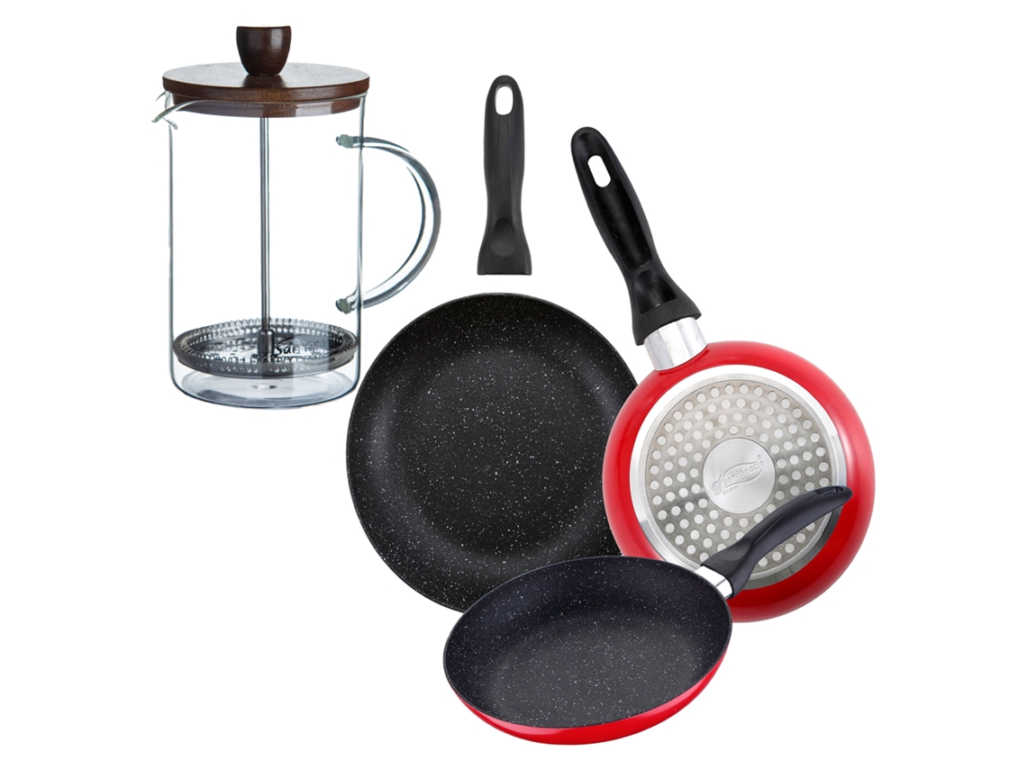 Juego de 3 sartenes Bergner en mármol rojo marino, Ø16ø20ø24cm, con cafetera de émbolo.