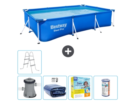 Piscina BESTWAY rectangular Steel Pro - 300 x 201 x 66 cm - Azul - Bomba incluida Vela solar - Paquete de mantenimiento - Filtrar - Escalera