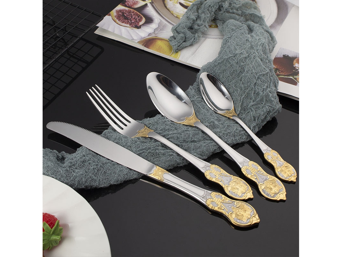 Juego De 4 Cubiertos Tiger De Acero Inoxidable (cuchillo, Tenedor Y Cuchara) Con Baño De Oro Y Relieve Retro.