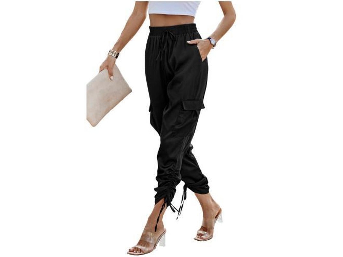 2026-24186-pantalones De Seda Para Mujer Jogger De Cadera Alta Casual Con Bolsillos Largos Cómodos Xl Negro