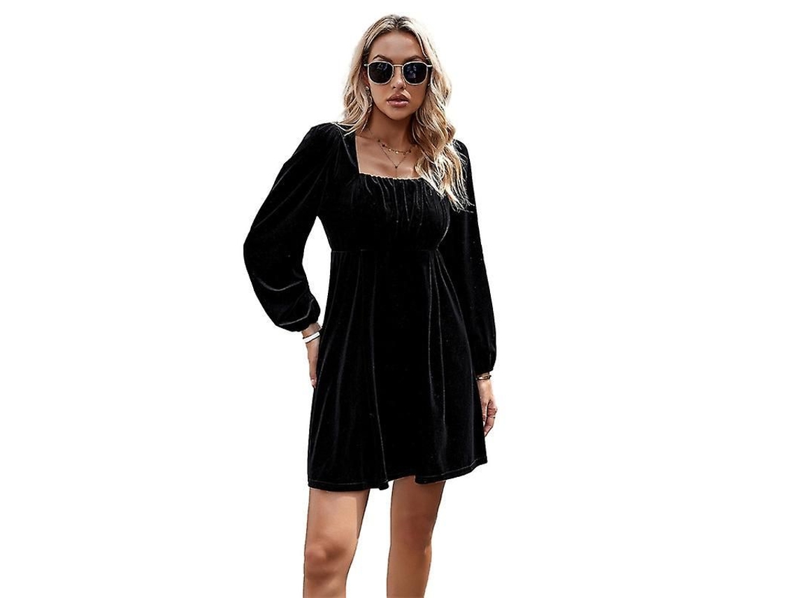 2026-vestido De Terciopelo De Manga Larga De Cuello Cuadrado Alto Y Falda Flotante Para Mujer