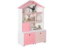 Estante Infantil Madeira 4 Nichos Porta 2 Gavetas Rodízios 80x34x130 Rosa Branco