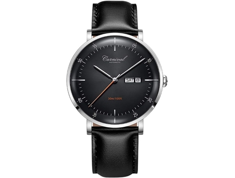 VEANXIN Brands Reloj automático con fecha y correa de cuero para hombre-Negro plata