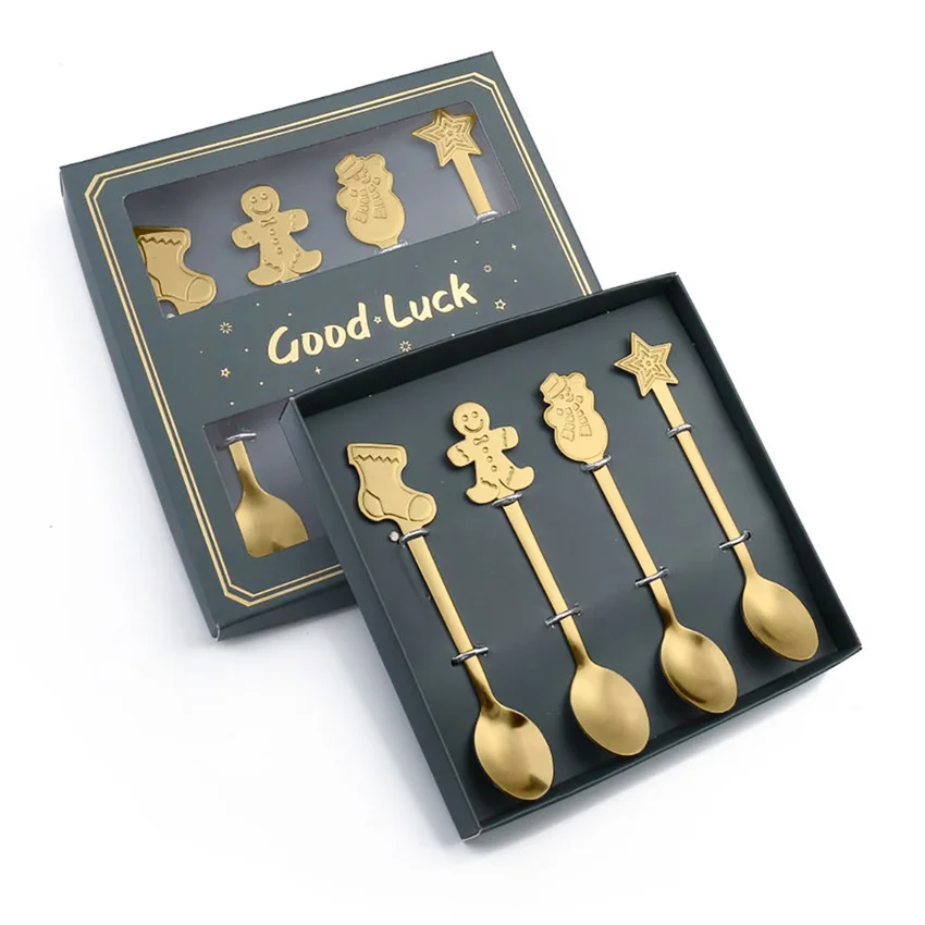 Cuchara navideña de acero inoxidable con caja de regalo, cuchara de postre con forma de hombre de jengibre. Mdug (oro c)