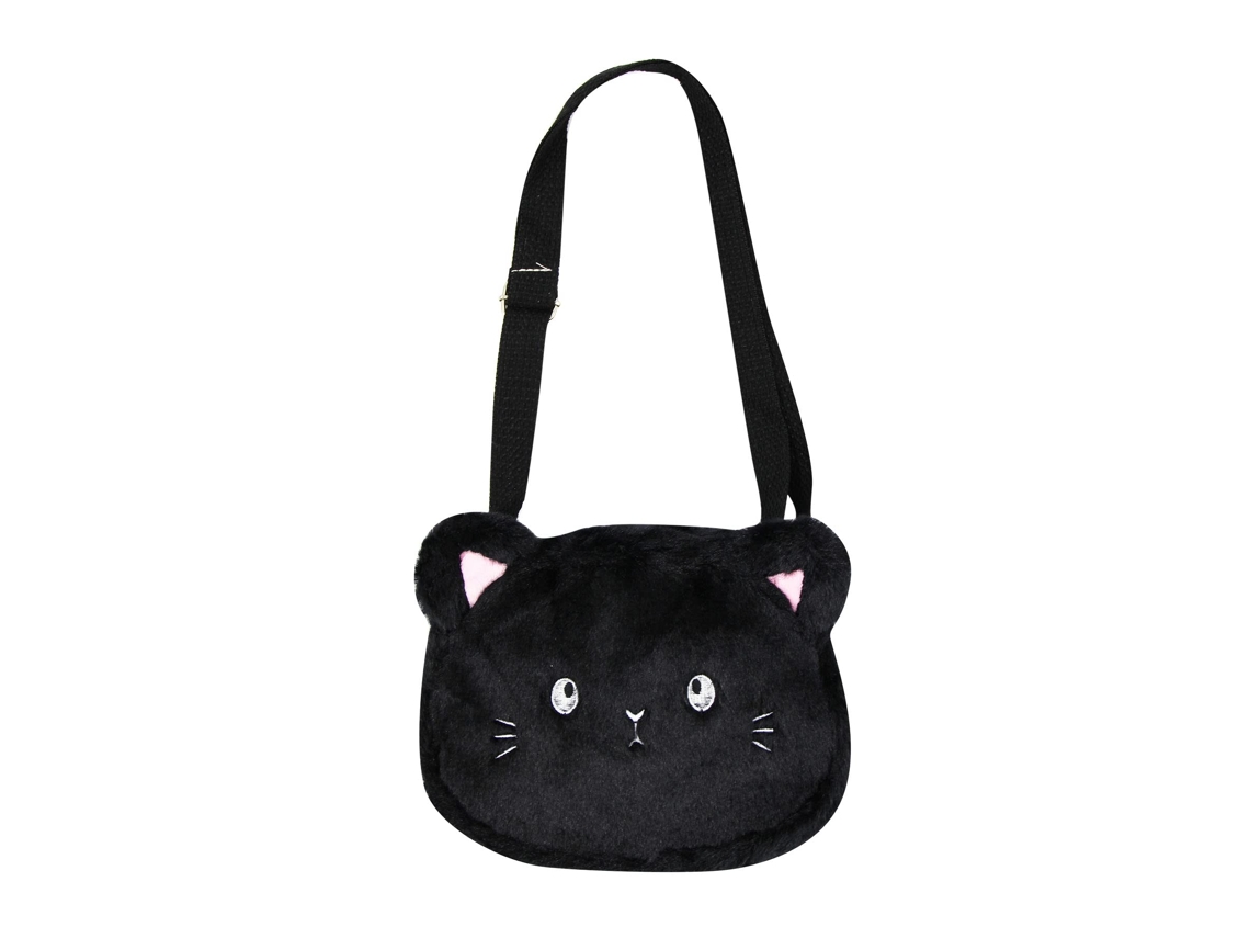 Bolso bandolera de felpa con estampado de gato - Bolso cruzado de poliéster para niños - Negro