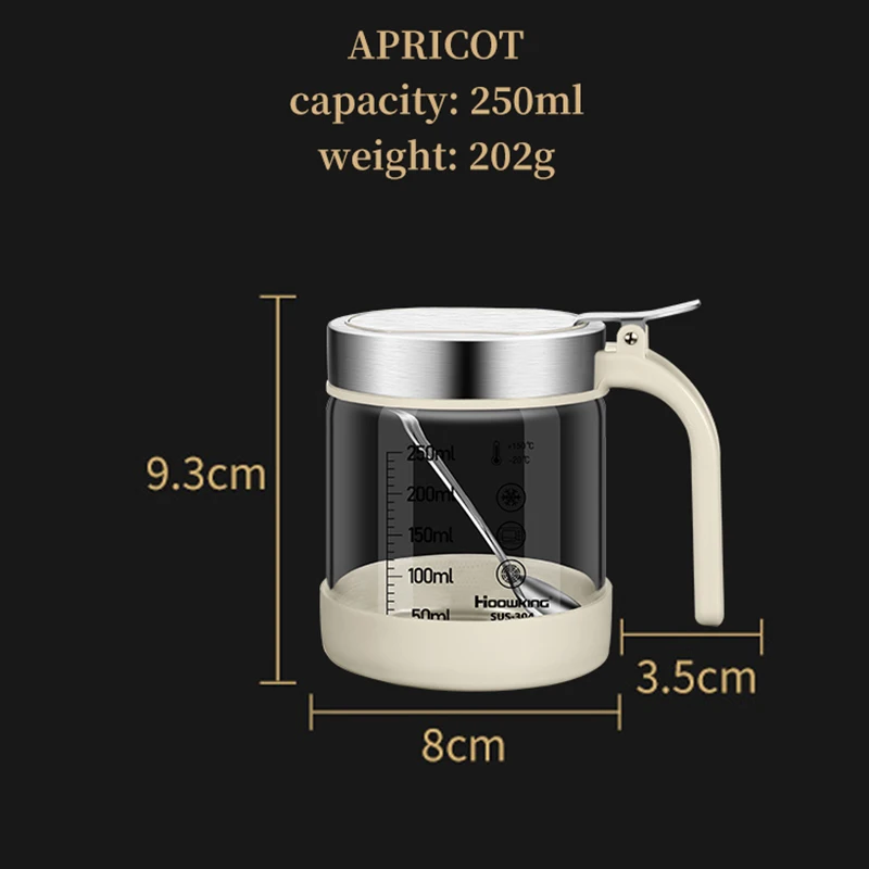 (1 unidad, 250 ml, beige) Tarro de cristal para especias y condimentos con cuchara, azucarero y salero - Utensilios de cocina.