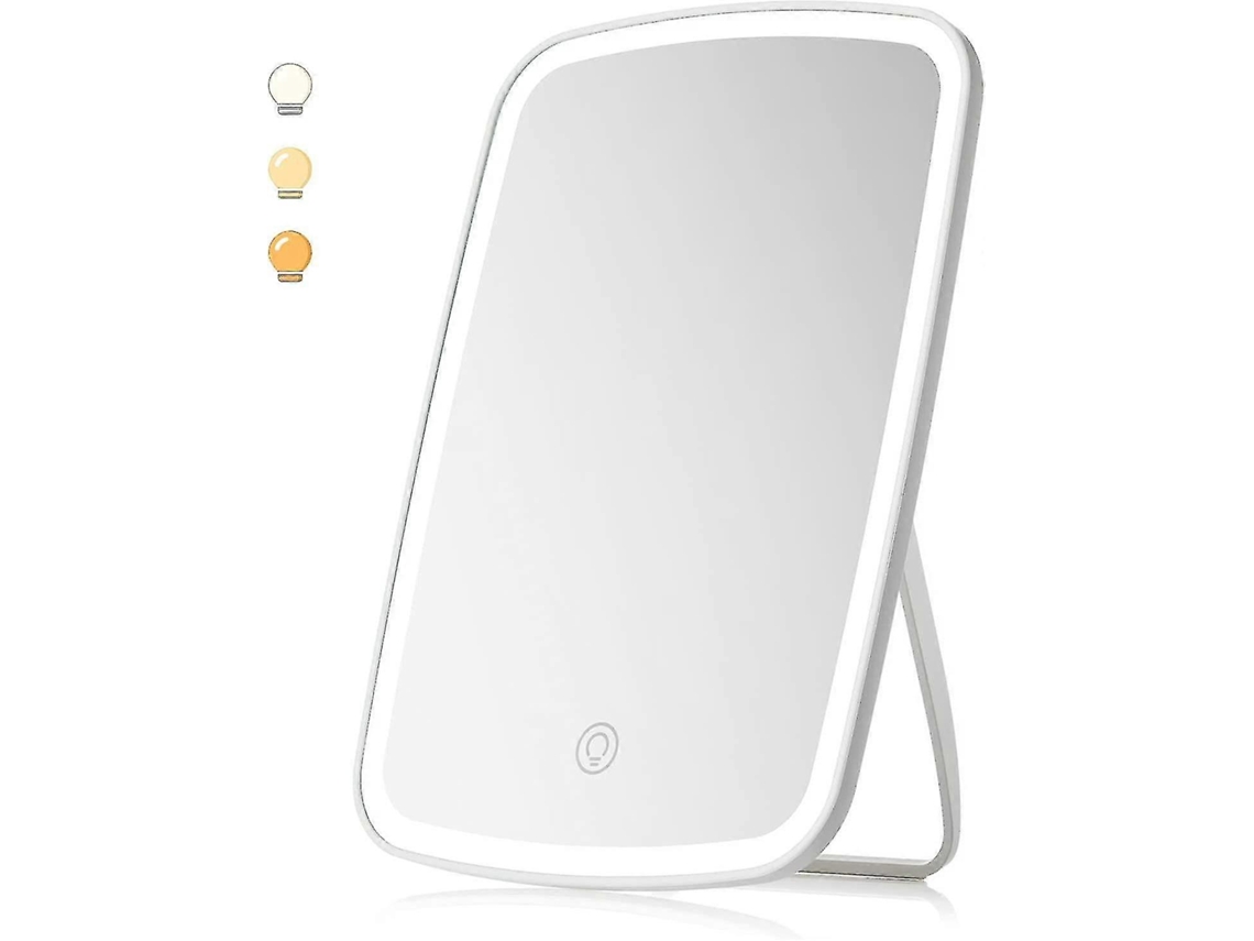 Espejo de maquillaje con luz, recargable mediante USB, con brillo ajustable y modos de luz regulables.