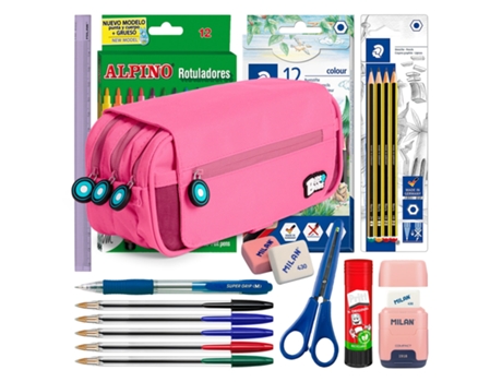 COLEPACK Bitsbobs Estuche Triple de 3 Cremalleras Con Material Escolar Incluido Rosa