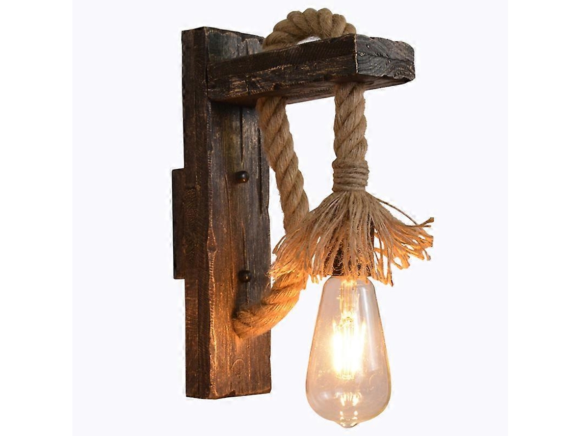 Rebe-lámpara De Pared Industrial E27 Estilo Campestre Retro Madera Y Cuerda De Heno Clase Energética A+++