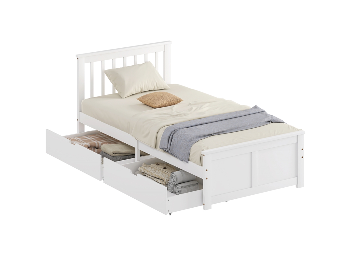 Estructura De Cama De Madera Maciza De 90x190 Cm, 2 Cajones Con Ruedas, Cabecero, Piecero, Somier De Láminas, Color Blanco.