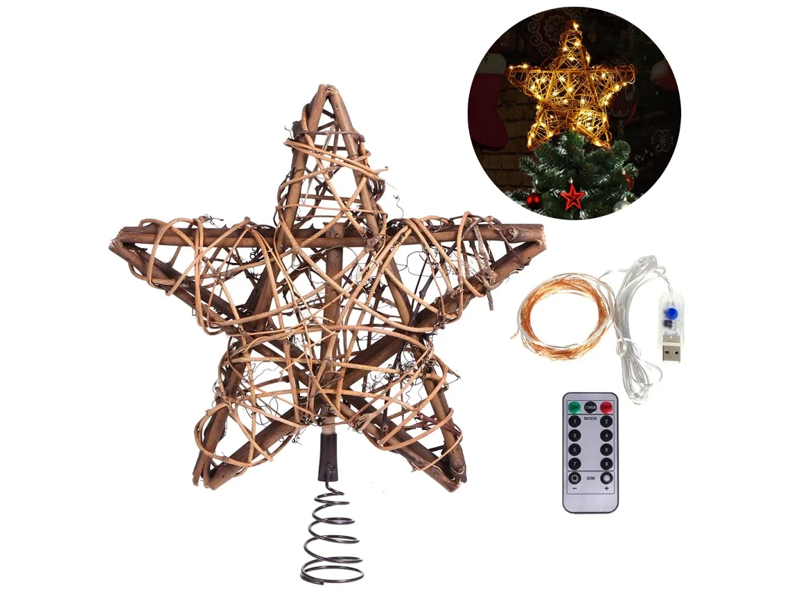 Elegante rústico estrella Top para Navidad, diseño de rotan vintage batería iluminada estrella Top con cálidas luces blancas Led, decoración del árbol EIOORORRIY