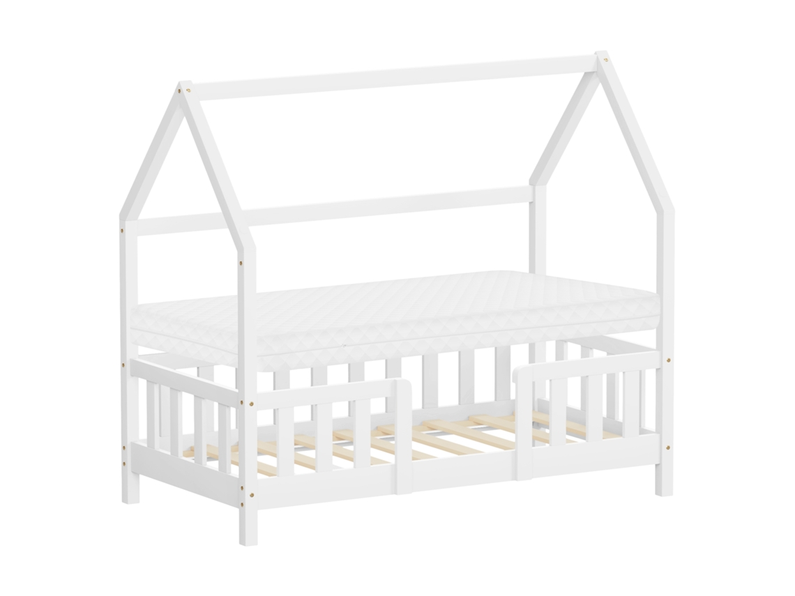 Cama Infantil Ml-design 70x140 Cm Blanco Forma De Casa Con Colchón, Anticaída Y Somier