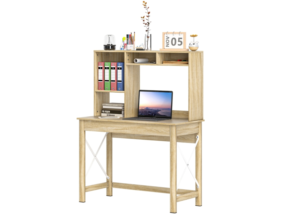Escritorio de oficina con armario y estantes, superficie grande de madera, diseño compacto, roble Bga Store