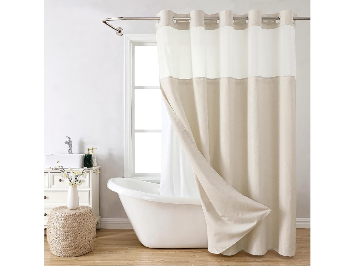 Cortina De Ducha De Poliéster - Cierre A Presión - Forrada Con Tela - Malla Transparente - Impermeable Y Lavable - 71 X 74 Pulgadas