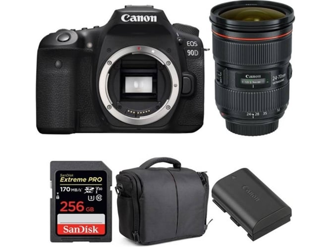 Kit Cámara CANON EOS 90D + EF 24-70mm f/2.8L II USM + SanDisk 256 GB + Batería + Bolsa (APS-C)
