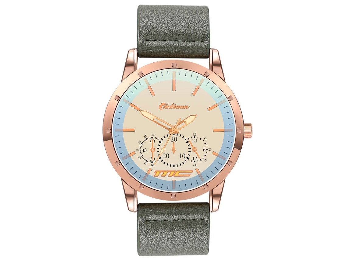 Reloj De Moda Para Hombre Con Correa De Piel Sintética Y Esfera De Tres Subesferas, Oro Rosa, Verde Militar.