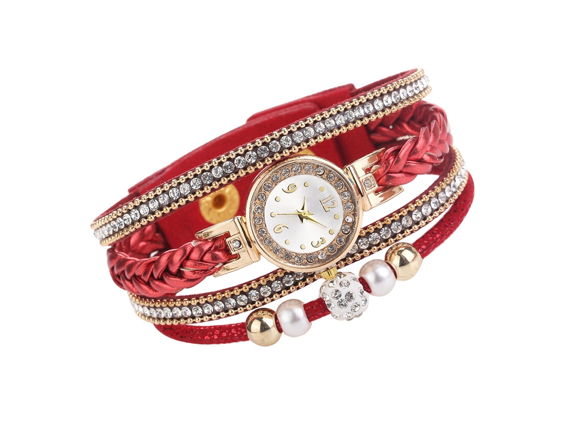 Reloj De Pulsera Multicapa Para Mujer Con Diamantes De Imitación, Correa De Cuerda Trenzada, Cuarzo, Rojo.