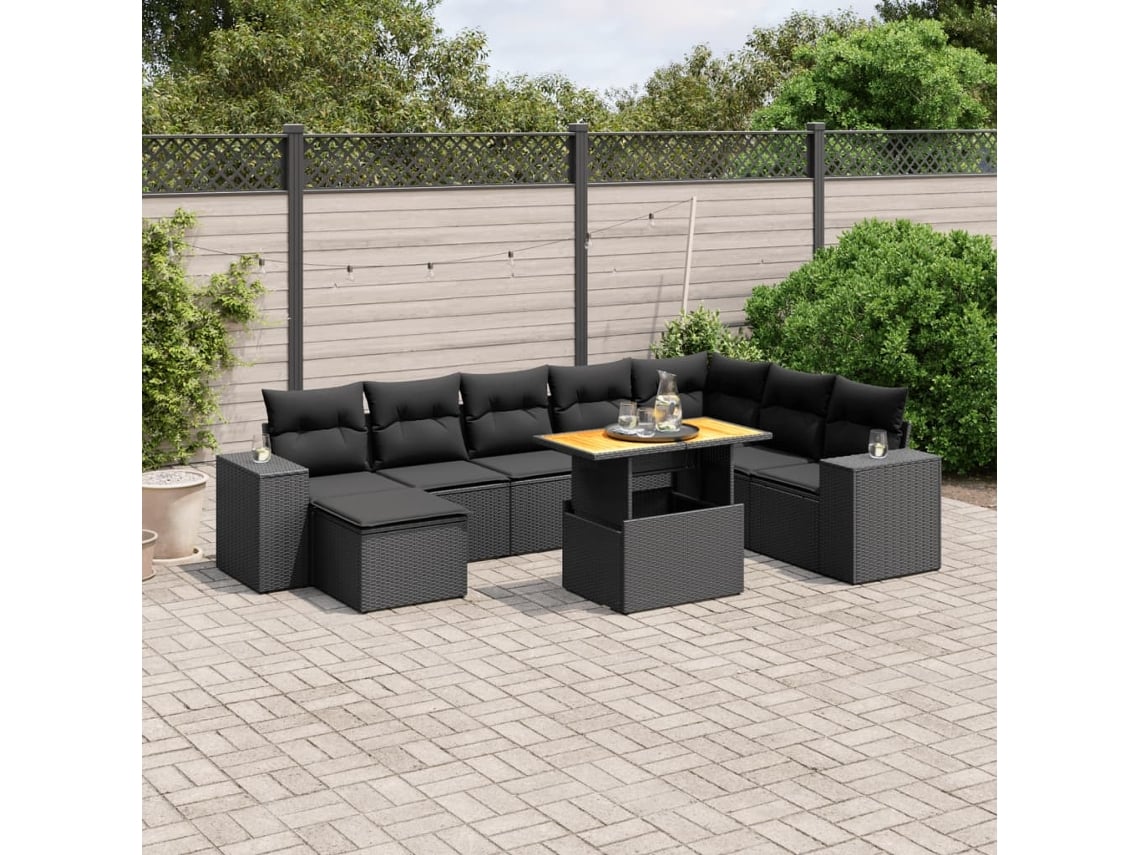 Conjunto de sofá de jardín de 9 piezas con cojines, ratán negro, Dkd Home Decor