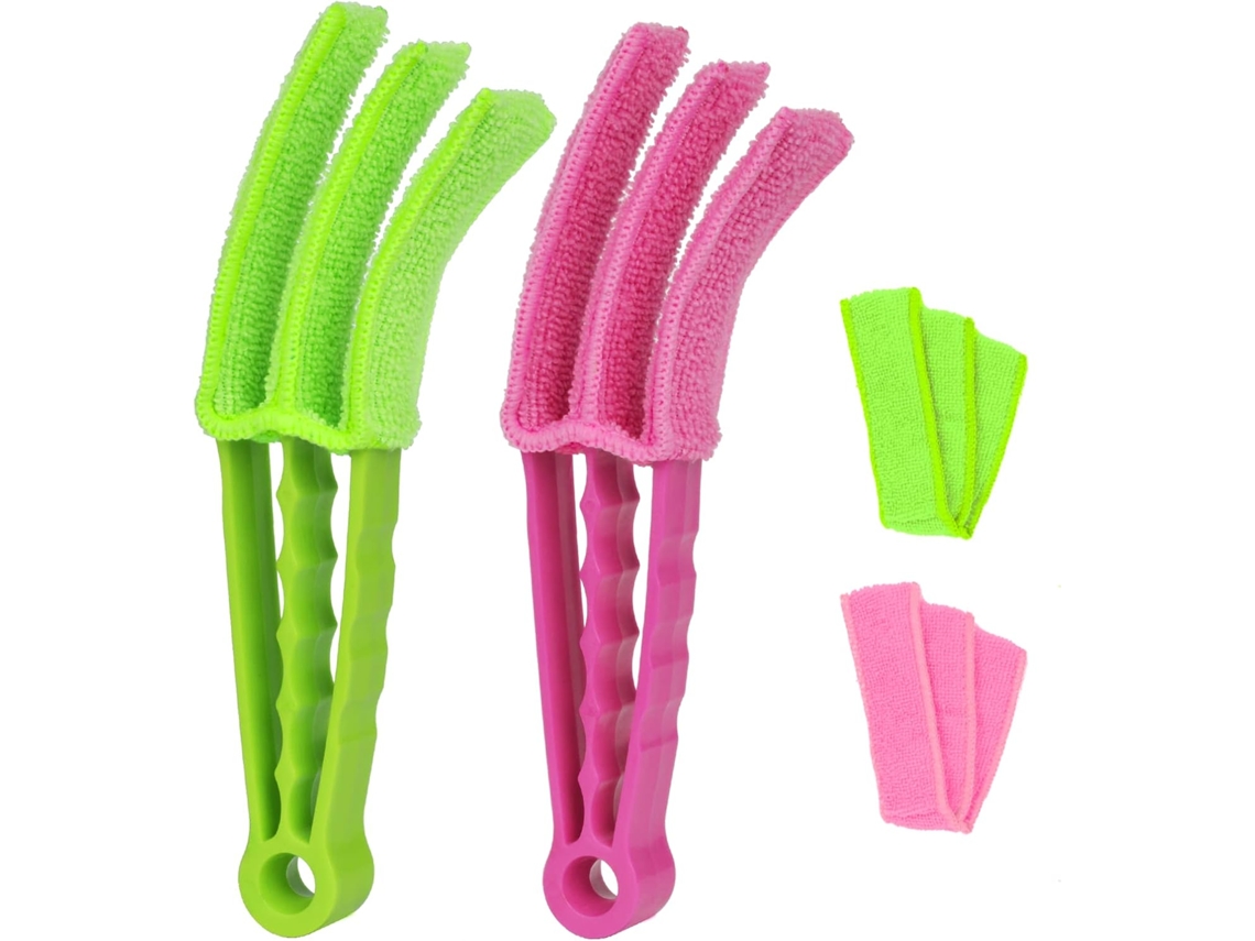 2 Cepillos De Limpieza Persianas Rosa/verde Con Paños De Microfibra