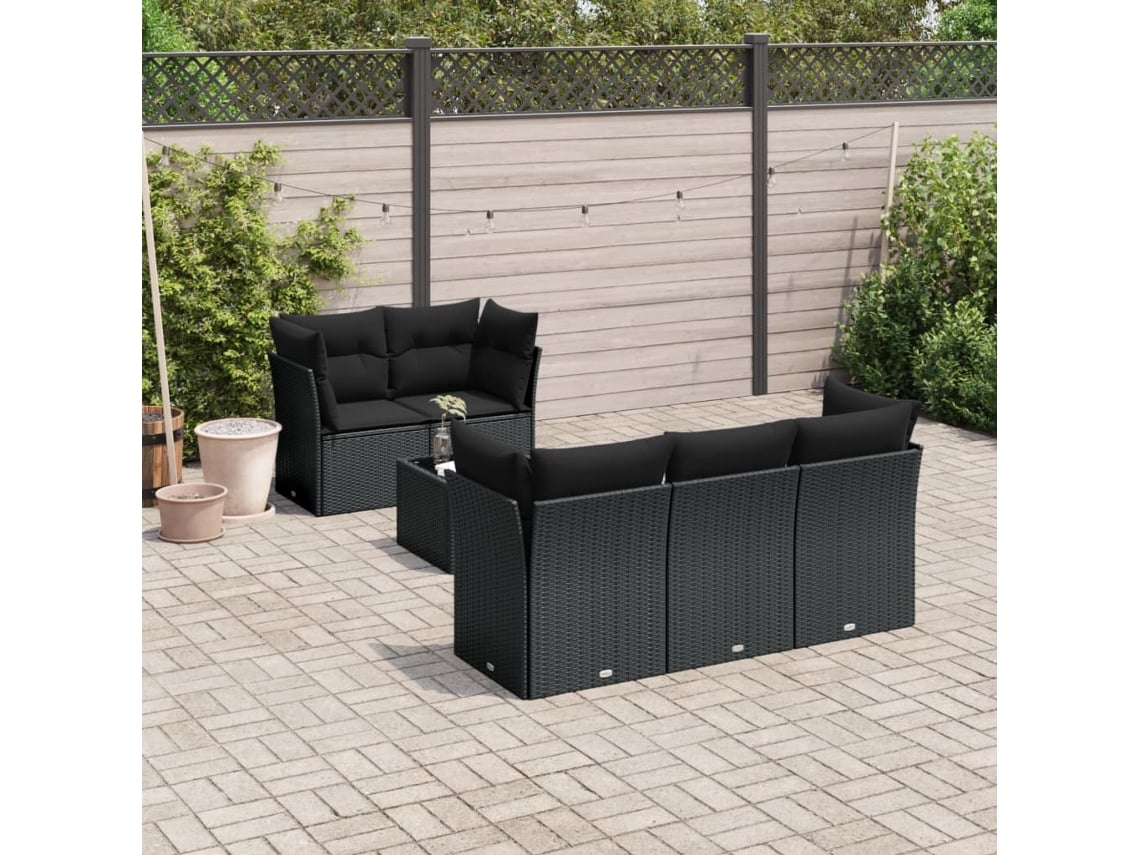 Conjunto de sofá de jardín de 6 piezas con cojines, mimbre sintético negro, DKD Home Decor