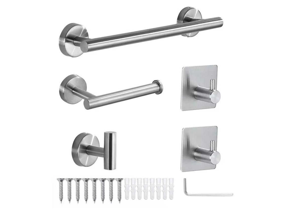 Juego de 5 accesorios de baño, toallero plateado