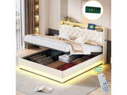 Cama Tapizada Con Iluminación Led, 160x200cm, Usb, Suspensión Hidráulica, Color Beige.