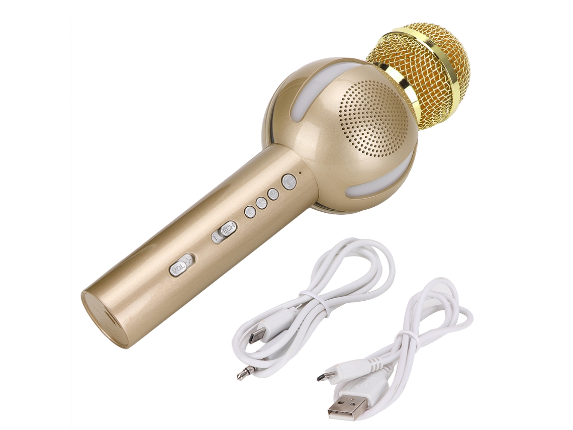 Micrófono Inalámbrico Bluetooth Multifuncional Para Karaoke Con Altavoces Y Batería De Larga Duración - Dorado