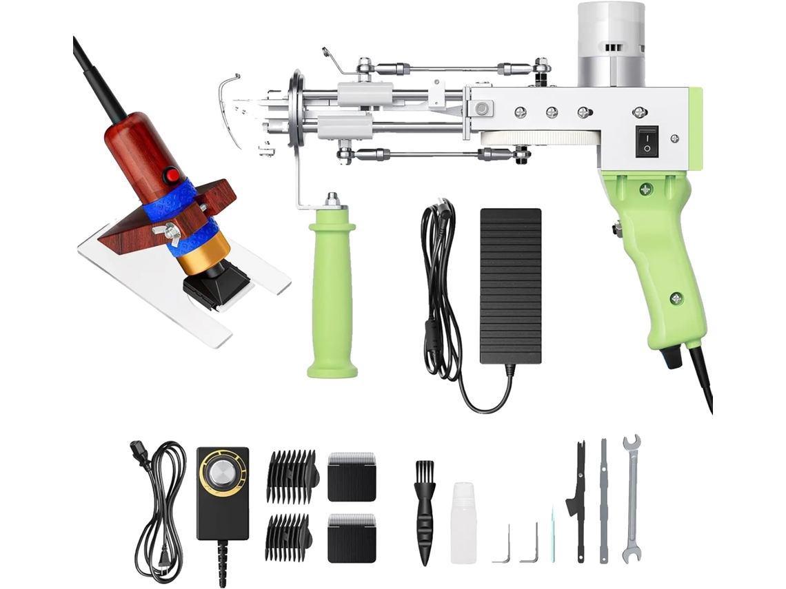 Pistola de tufting, altura ajustable de 4 mm a 21 mm, velocidad de 5 a 40 agujas por segundo, motor de 70 W, recortadora incluida, diseño ergonómico.