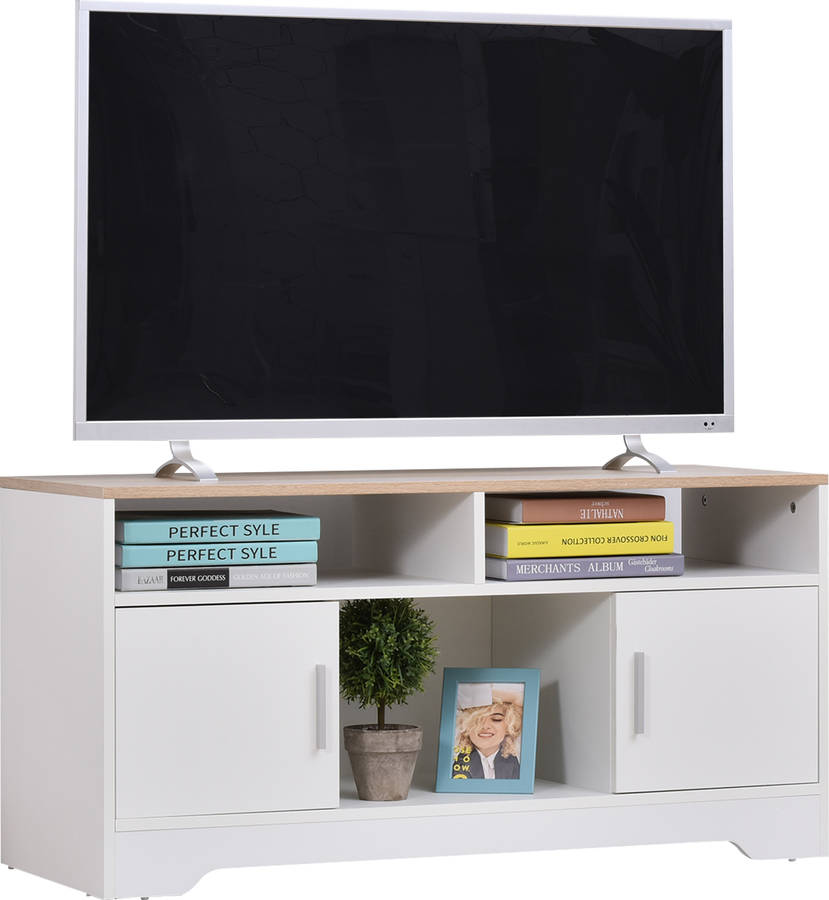 Homcom Armario Televisor mueble auxiliar tv con gran espacio de almacenaje estantes abiertos administración cabl blanco 105x40x52 cm tablero e1