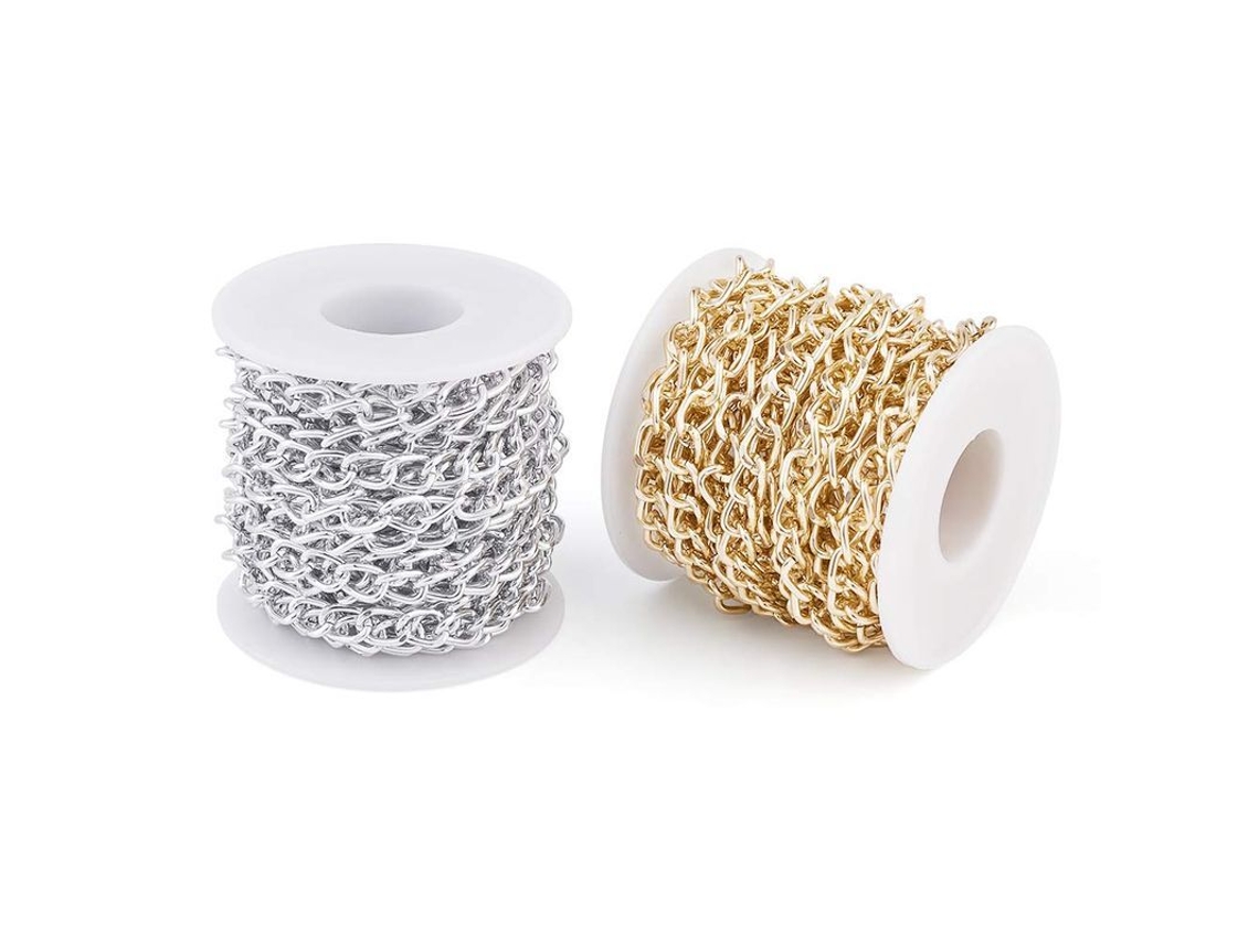 2 rollos de cadenas de algodón de aluminio doradas y plateadas, 10x6,5 mm para collares, joyería, accesorios y manualidades.