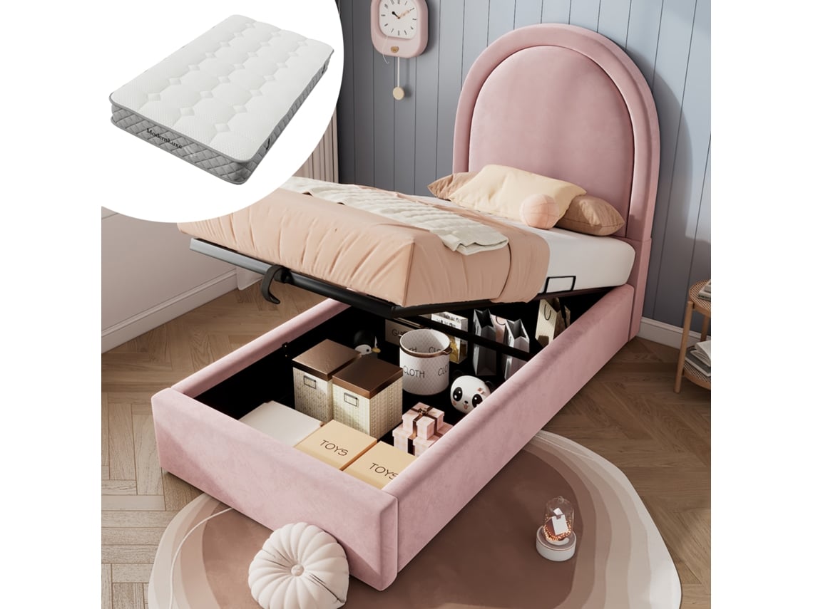 Cama Infantil De 90x200 Cm, Tapizada En Terciopelo Rosa, Estilo Niño/niña, Diseño Sencillo, Con Colchón.
