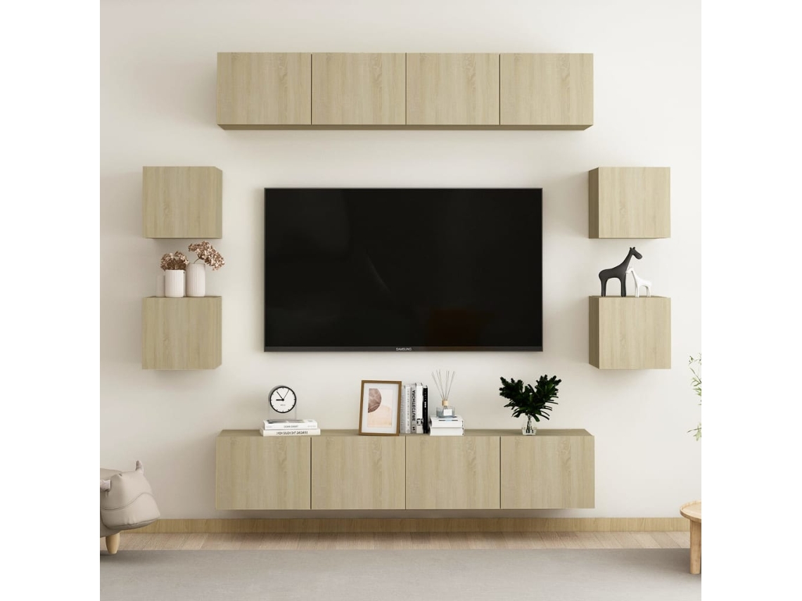 8Pzs Pack de Muebles de Armario Tv Contrachapado Color Roble Sonoma