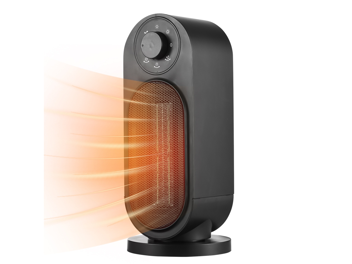 Calefactor eléctrico portátil de 1200 W con 2 modos y termostato seguro.