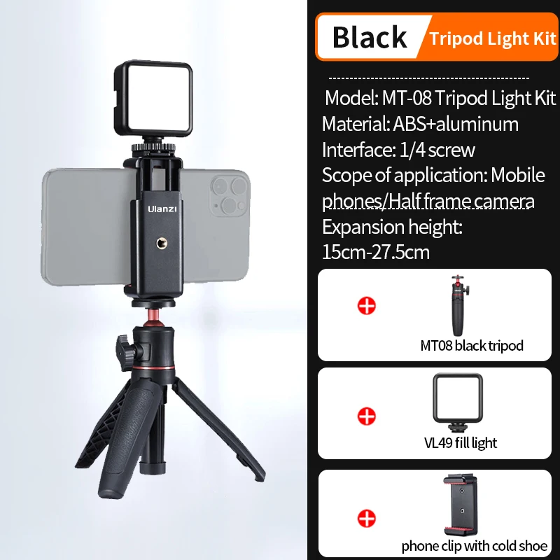 Mini trípode plegable MT-08 con tornillo de 1/4'' y asa, universal para DSLR, teléfonos Android y iPhone, kit de 3 piezas, color negro