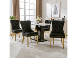 Sillas de Comedor (4 Unidades), Sillones Tapizados con Detalles Tachonados y Patas Doradas, Estilo Terciopelo Negro y Dorado.