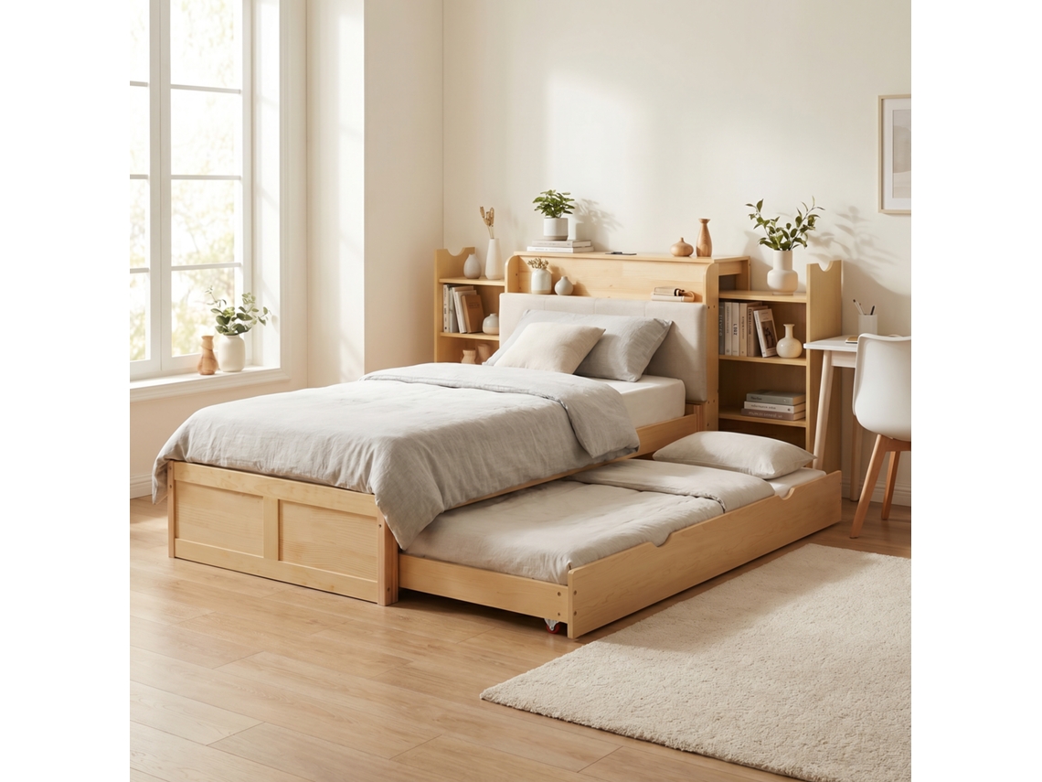 Cama Empotrada 90x200 cm, Almacenaje, Cama Extraíble, Cabecero Tapizado, USB, Diseño Compacto para Niños y Adultos – Madera Natural