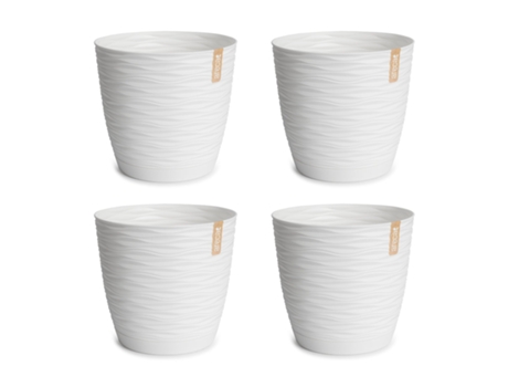 Set de 4 Macetas Decorativas Redondas 15 cm con Platos Integrados. Blanco ARECA