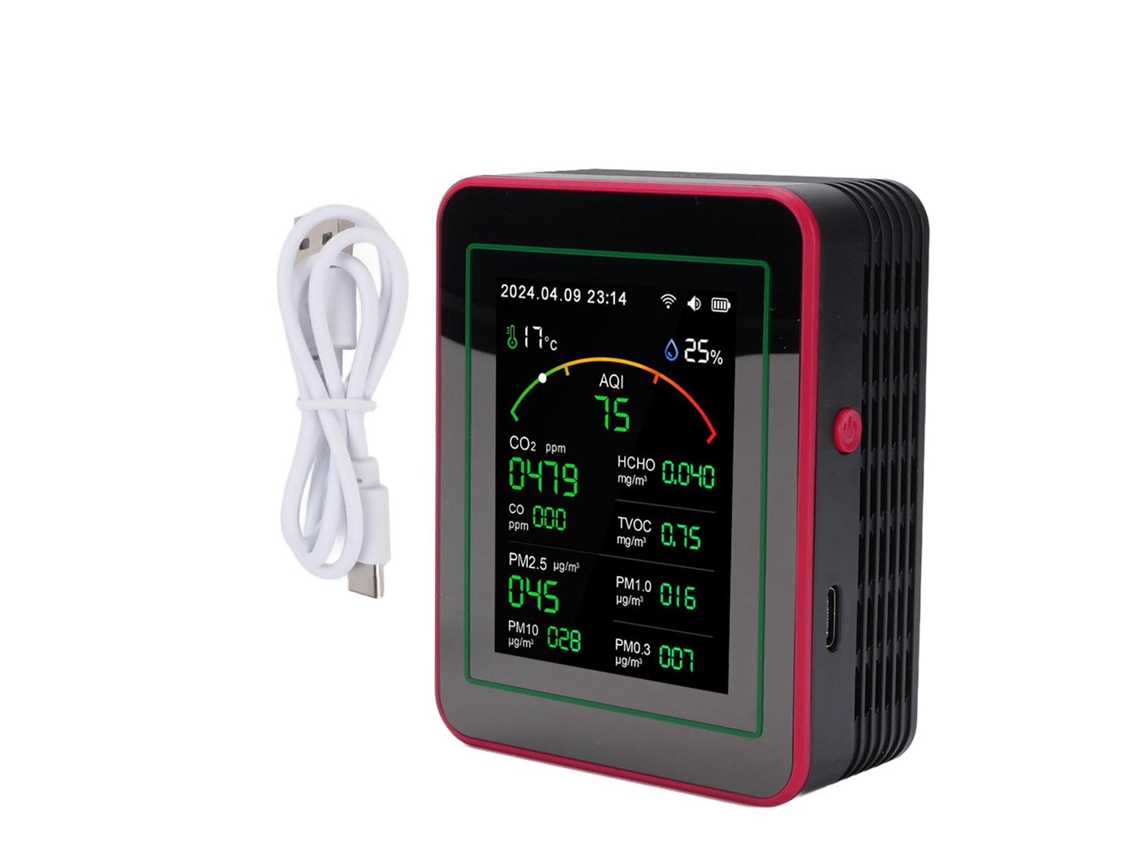 Medidor De Calidad Del Aire Wifi 15 En 1 Con Pantalla Hd De 2,8 Pulgadas, Co2, Tvoc, Hcho, Pm2.5, Temperatura, Humedad, Negro + Rojo