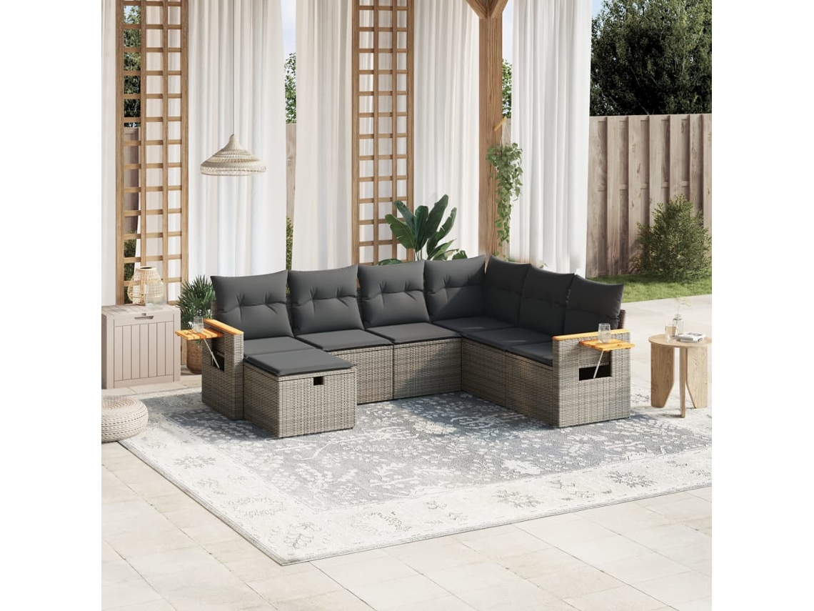Conjunto de sofá de jardín de 7 piezas con cojines, mimbre gris, DKD Home Decor