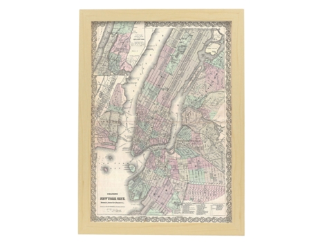 NACNIC Pósters Geográficos En Estilo Vintage Mapa De Nueva York De 1865 Ilustraciones De Antiguos Mapamundis En Tonos Sepia Tamaño A4 Con Marco Bla...