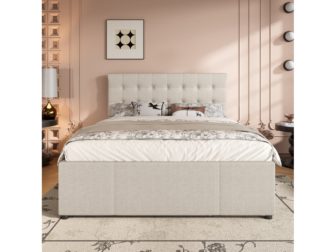 Cama Tapizada 140x200cm - Cama Doble, Con Tres Cajones, Cama Extensible, Cabecera Ajustable, Sin Colchón - Beige