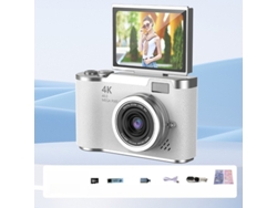 Cámara 4K de 48 MP para principiantes, pantalla abatible de 180°, enfoque automático, zoom 8x, tarjeta de 32 GB, color blanco.