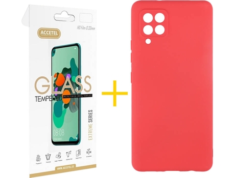 Carcasa y Protector de Pantalla de Vidrio Samgung A42 4G ACCETEL Silicona Líquida Rojo