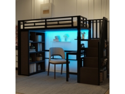 Cama Alta De Metal De 90x200, Escritorio Negro, Escalera Led Con Almacenamiento