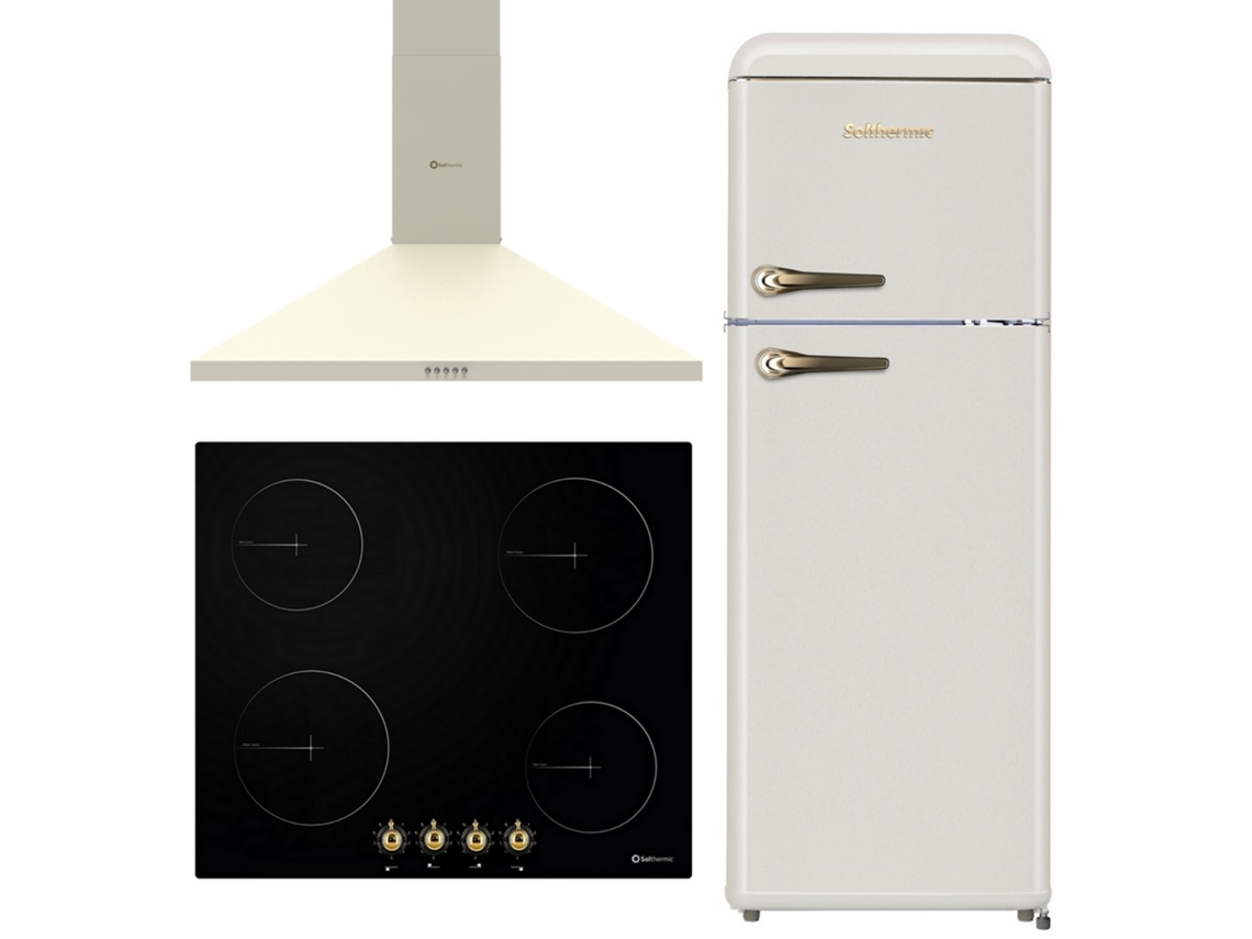 Solthermic® Combo Pack Placa Vitro Pvtc60 4 Quemadores Rusticos 60 Extractor Crema Refrigerador Retro 1.47 F2pr147c Crema