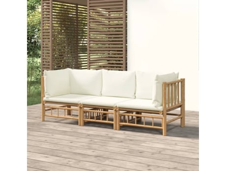 Conjunto 3 de muebles de jardín VIDAXL bambú y cojines blanco crema